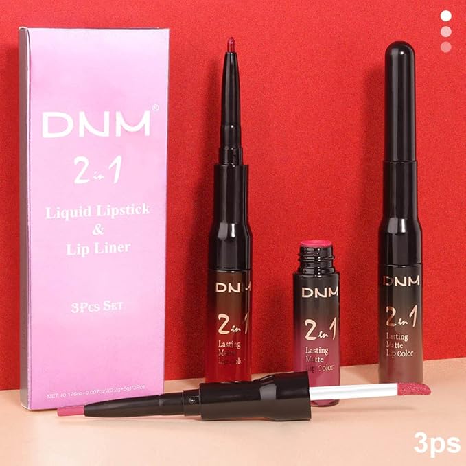 3Pcs 2 in 1 Mauve Neutral Light Rosey Nude Blue Red Lip Liner and Liquid Lipstick Stain Makeup Set for women, Long Lasting Smudge Proof Lip Tint Matte Finish Lip Gloss for All-Day Color Hold, Set10