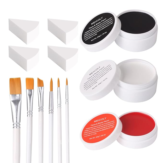 MEICOLY Clown Makeup Kit,White Black Red Face Body Paint for Halloween Devil Joker Zombie Vampire Skeleton SFX Makeup,Pro Oil Based Body Paint with 6 Painting Brushes,4 Sponges,130g/4.59 oz