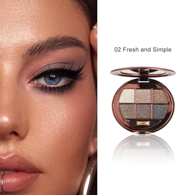 6 Colors Shimmer Eyeshadow Palette with Mirror, Neutral Nude Eye Shadow Matte & Glitter Shades Highly Pigmented Blendable Waterproof Long-Lasting Natural Smokey Eye Makeup Palette for Women 2#