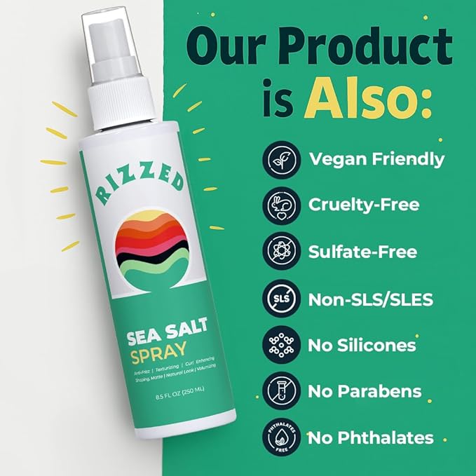 Rizzed™ Sea Salt Spray for Hair Men - Texturizing Spray with Castor Oil & Naturally Sourced Ocean Salts - Texture Sea Salt Sprays for Men - Surf Sprays to Add Volume and Beach Hair - 8.5oz