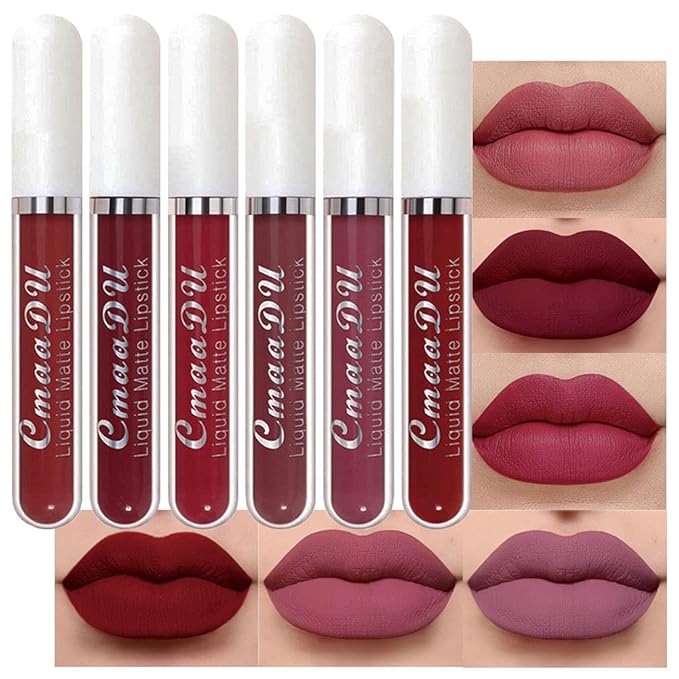 evpct 6Pcs Lipstick Matte Liquid Lipstick Lipgloss Set for Women, Dark Plum Wine Rose Mauve Red Nude Pink labiales mate 24 horas originales matte larga duracion 24 Hour Lipstick A-02