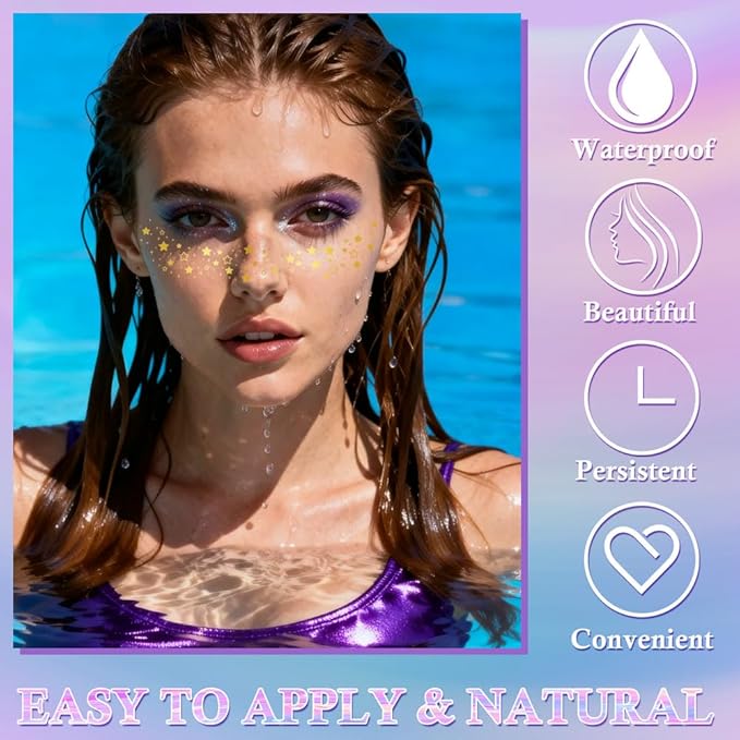 Glitter Freckles Face Tattoo for Women - 12 Unique Gold Sparkle Patches, Waterproof Temporary Freckle Stickers for Festival, Rave & Makeup Glow-up