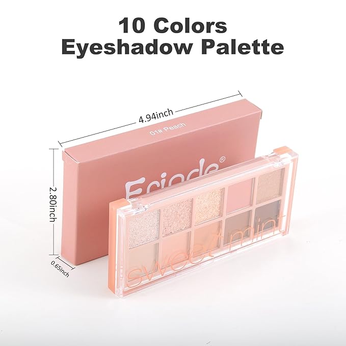 Erinde 10 Colors Eyeshadow Palette Makeup - Matte Shimmer Glitter Eye Shadow Korean Makeup, Ultra-Blendable, High Pigmented, Natural-Looking, Peach Brown Eyeshadow Pallet with Brush, Peach Color
