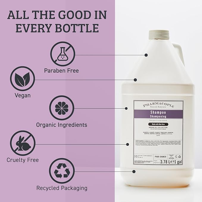 Pharmacopia Hotel Argan Oil Shampoo – Natural Hair Care with Plant Based & Organic Ingredients - Aloe Vera wtih Green Tea and Melon Essence - Vegan, Cruelty Free, No Parabens, 128 oz
