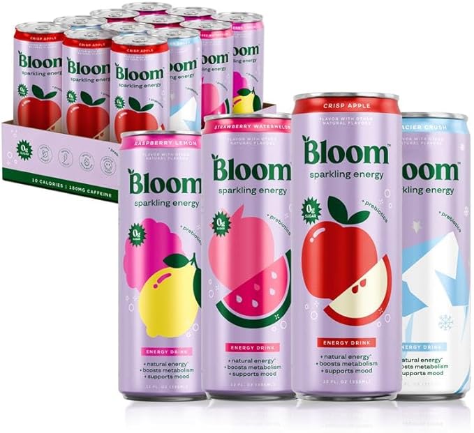 Bloom Nutrition Sparkling Energy Drink - Apple/ Glacier Variety Pack - Natural Caffeine, Zero Sugar, 180mg Caffeine - Antioxidant-Rich with Green Coffee Bean, Green Tea Extract, Prebiotics - 12oz 12 Pack