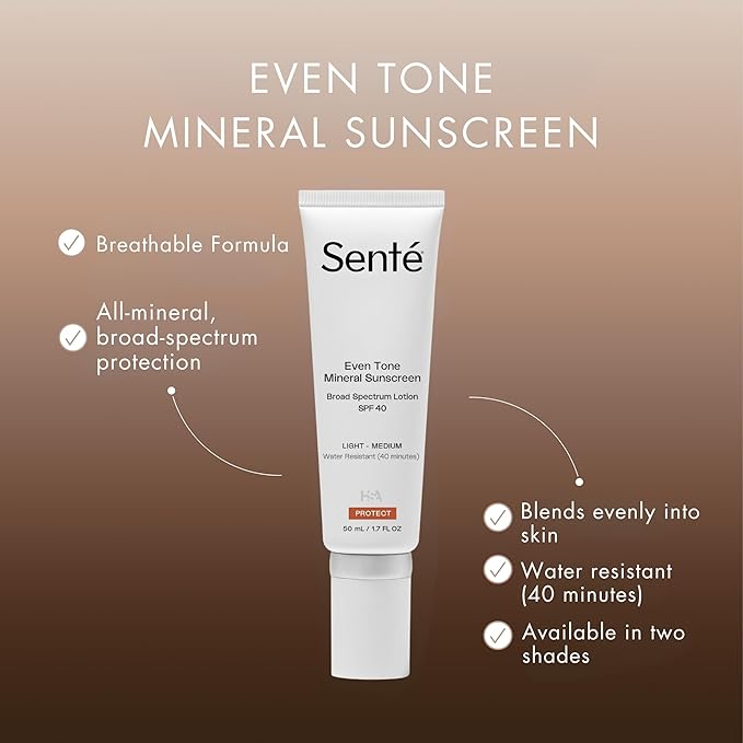 Senté Even Tone Mineral Sunscreen Tinted | SPF 40 Light-Medium | Hydrating, Lightweight Sun Protection Treatment for Redness & Discoloration | UVA/UVB & Blue Light Defense | 1.7 oz