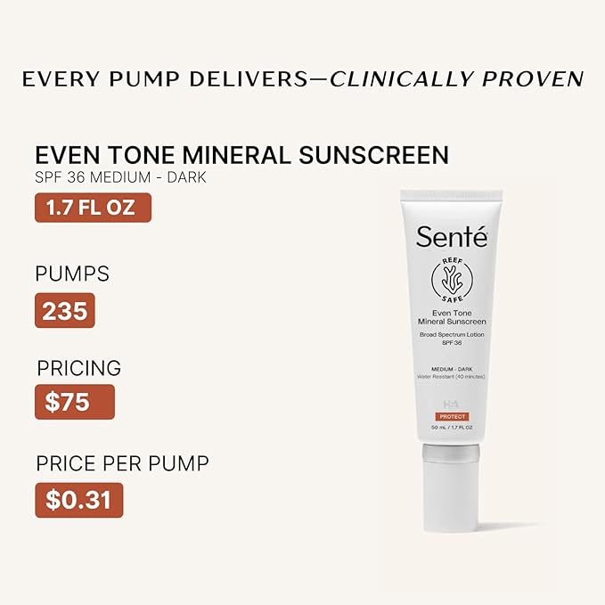 Senté Even Tone Mineral Sunscreen Tinted | SPF 36 Medium-Dark | Hydrating, Lightweight Sun Protection Treatment for Redness & Discoloration | UVA/UVB & Blue Light Defense | 1.7 oz