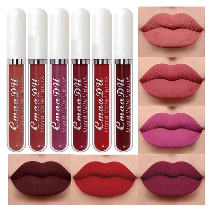 evpct 6Pcs Lipstick Matte Liquid Lipstick Lipgloss Set for Women, Dark Ruby Plum Wine Red Violet Purple Nude Beige Pink labiales mate 24 horas originales matte larga duracion 24 Hour Lipstick