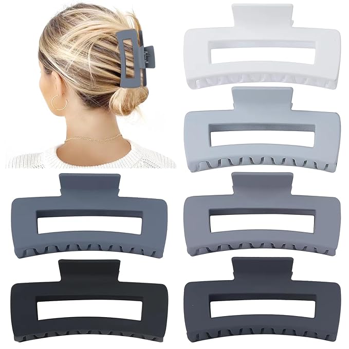 4 Inch Big Hair Claw Clips 6 Pcs Large Claw for Thick Hair Square Hair Clips for Women Rectangle Hair Clips Nonslip Acrylic Banana Jaw Clips Hair Accessories for Girls (Grey)