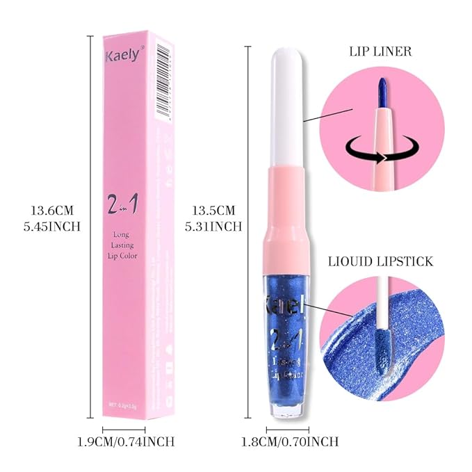 Kaely 2-in-1 Royal Blue Metallic Lipstick and Lip Liner Makeup, Shimmer Liquid Metallic Lipsticks for Women, Glitter Lip Gloss Stain Long Lasting Waterproof Smudge Proof 24 Hour, Cruelty-Free 24