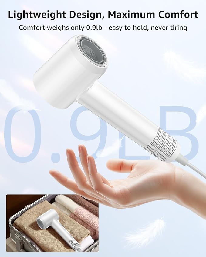 Hair Dryer, 160000 RPM High-Speed Ionic Blow Dryer Portable Professional Lightweight Hair Dryers with 200 Million Negative Ions, Fast-Drying, Quiet Hair Dryer with Nozzle for Home, Salon, Travel（HF03）