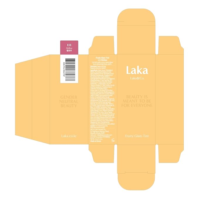 Laka Fruity Glam Tint, 4.5g/0.15oz, Glowing Lip Stain with Wide Color Spectrum, Hydrating & Lightweight Texture, Long-Lasting Bold Stain, Non-Sticky, Vegan, K-Beauty (#111 Mellow)