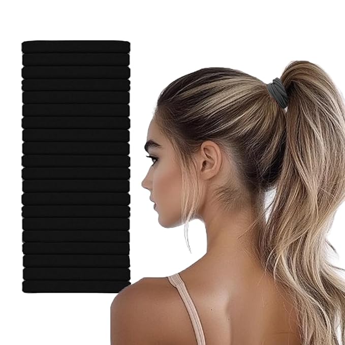 20pcs Black Hair Ties No Damage - Stretchy thick Hair Bands | Soft Nylon Ponytail Holders SnagFree Rubber Bands for Updos & Braids Hair Accessories Ideal Gifts for Women Teens Girs