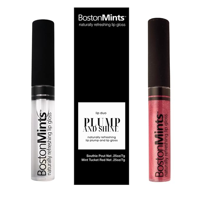 Plump & Shine Lip Duo Set - Mint Tucket Red Lip Gloss (.25oz) and Lip Plumper Southie Pout (.25oz) - Naturally Refreshing Vegan Lip Gloss