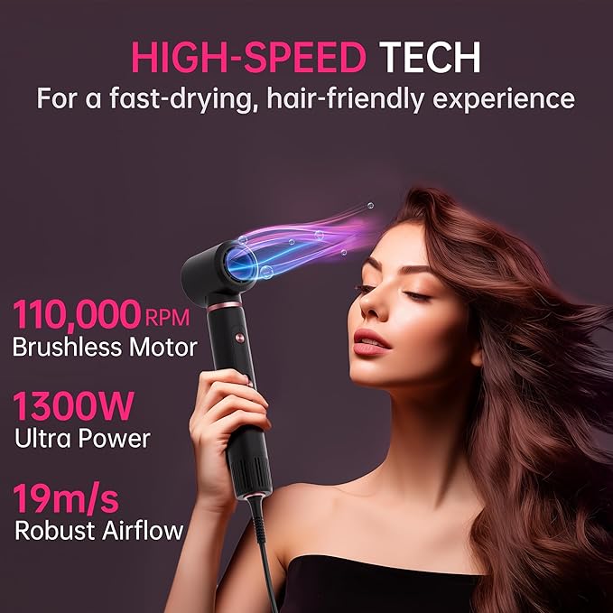 SKIMI 110,000 RPM Brushless Motor Hair Dryer Brush - 5 Muti-Styler for Fast Drying, Curling, Volumizing & Straightening | High-Speed Hot Air Brush for All Hair Types (Black & Rose Gold)