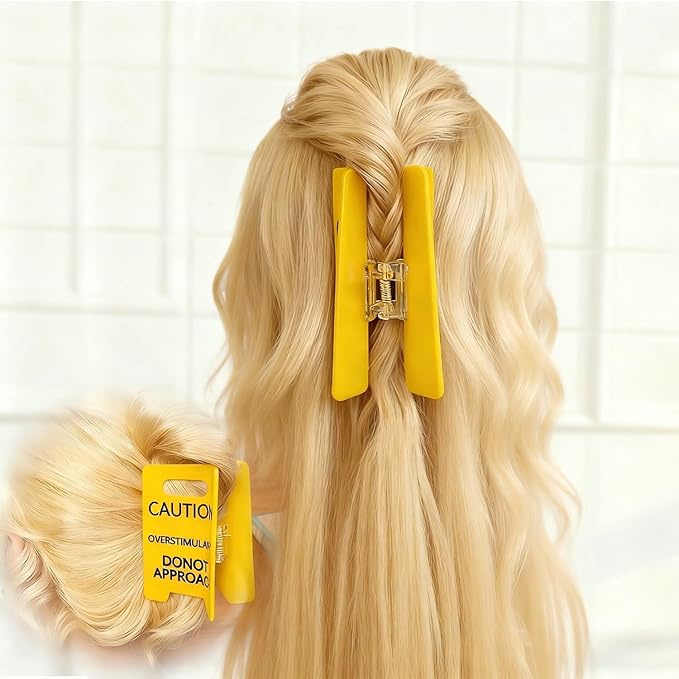 2PCS Overstimulated Caution Sign Hair Claw Clip,Yellow Caution Hair Clip,Do Not Approach Sign Hair Claws Hair Clips for Thick Hair,Funny Gag Gift for Women and Friends