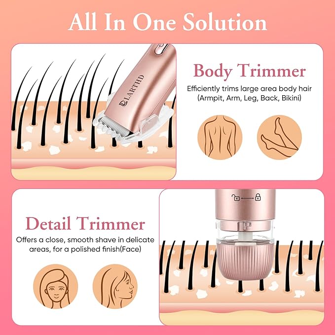2 in 1 Women Electric Shaver Dual Head Bikini Trimmer for Women IPX7 Waterproof Wet & Dry Use Body Hair Trimmer and Facial Hair Remover for Bikini Underarm Leg Arm Body Face