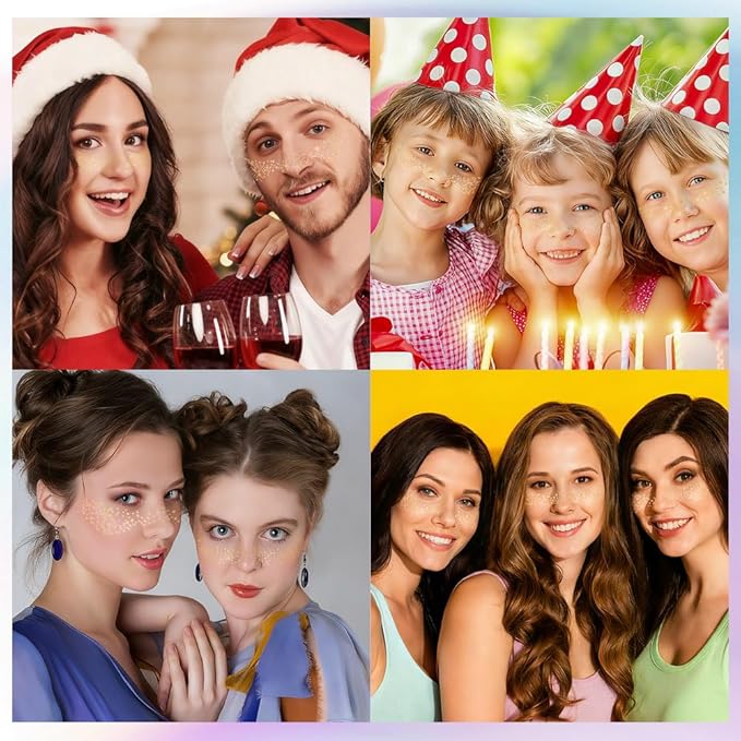 Glitter Freckles Face Tattoo for Women - 12 Unique Gold Sparkle Patches, Waterproof Temporary Freckle Stickers for Festival, Rave & Makeup Glow-up