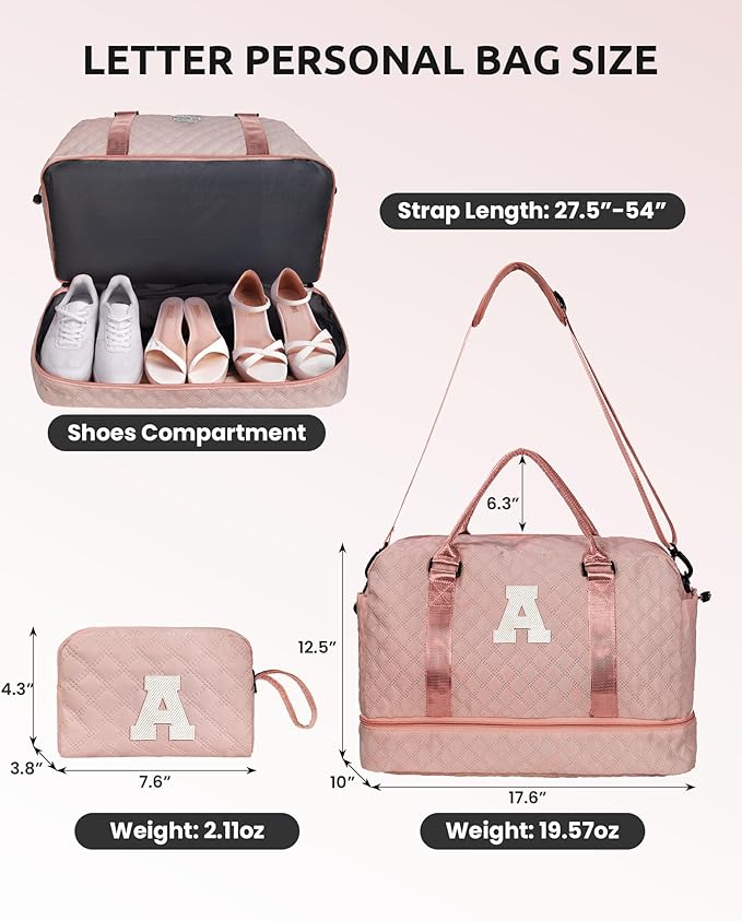 Girls Duffle Bag, Initial Bag, Personalized Weekender Bag with Shoulder Strap, Monogram Overnight Bag for Women Wet Pocket, Letter Travel Bag with Makeup Bag Gifts for Niece (Letter R)