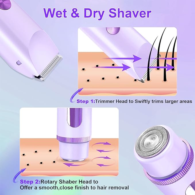 2025 Bikini Trimmer for Women, Cordless& Painless& Waterproof Dual Head Shaver for Women Private Area& Face& Body, 2-in-1 Electric Razors, Bikini Shaver, Hair Trimmer with LCD