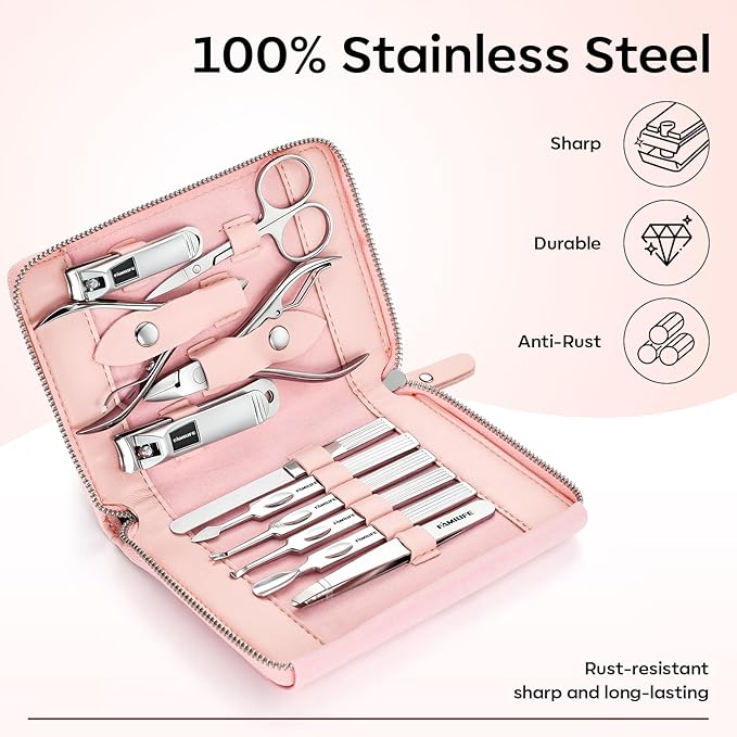FAMILIFE Manicure Set Professional Manicure Kit Nail Kit - 11PCS Gifts for Her Nail Clippers for Women Stainless Steel Pedicure Sets Pink Leather Case