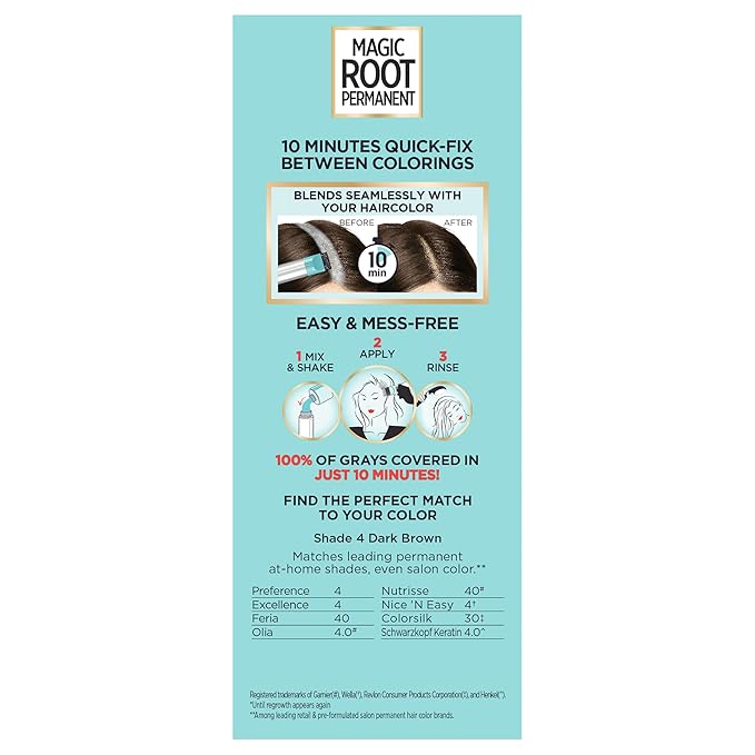 L'Oreal Paris Magic Root Rescue 10 Minute Root Hair Coloring Kit, Permanent Color with Quick Precision Applicator, 100 percent Gray Coverage, 4 Dark Brown, 1 kit (Packaging May Vary)