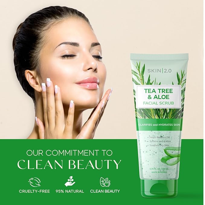 Tea Tree & Aloe Exfoliating Scrub - Dermatologist Tested, Multi-Tasking Cleanser, Clears Skin - Anti-Aging, Clean Beauty, Cruelty-Free Korean Skincare for All Skin Types - 6.76 Fl Oz / 200ML