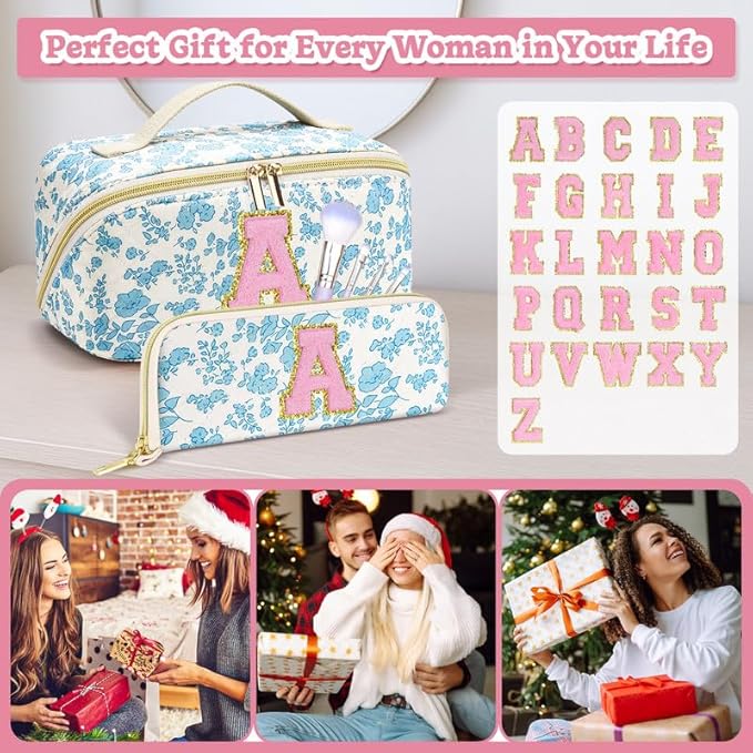 Personalized Travel Makeup Bag Set,Initial Travel Cute Floral Makeup Organizer Bag,Toiletry Skincare Cosmetic Bag, Valentine’s Day Gifts for Women/Girls,Open Flat Toiletry Pouch with Brush Pocket-S