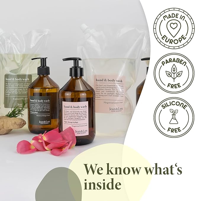 Moisturizing Liquid Hand & Body wash Rosemary Ginger Refill Pack by Jean&Len, silicone and paraben free with natural ingredients, vegan, 50.7 Fl. Oz.