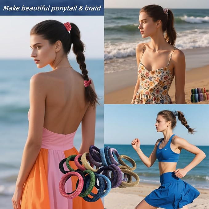 Large Stretch Thick Hair Ties for All Hair Types Seamless Glitter Hair Ponies Elastics Ponytail Holders Hair Scrunchies for Thick Hair Hair Accessories Women Girls 20-Pack