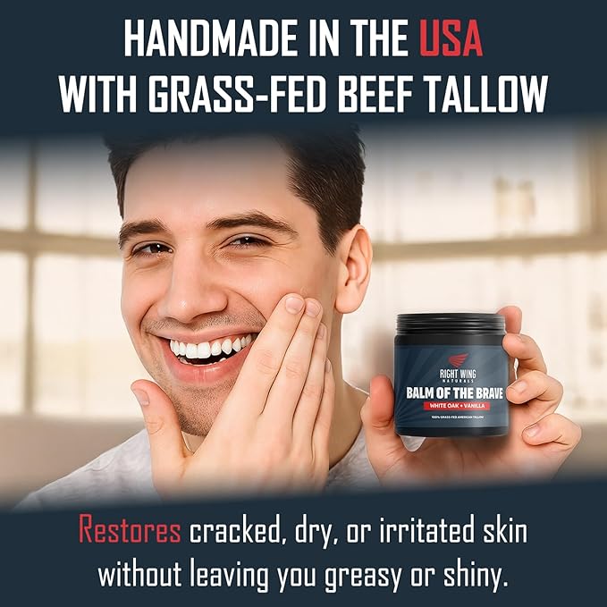 Right Wing Naturals Handmade Grass-Fed Beef Tallow for Skin - Moisturizing Beef Tallow Balm - Face & Body Butter for Soft, Smooth Skin (4oz, White Oak & Vanilla)