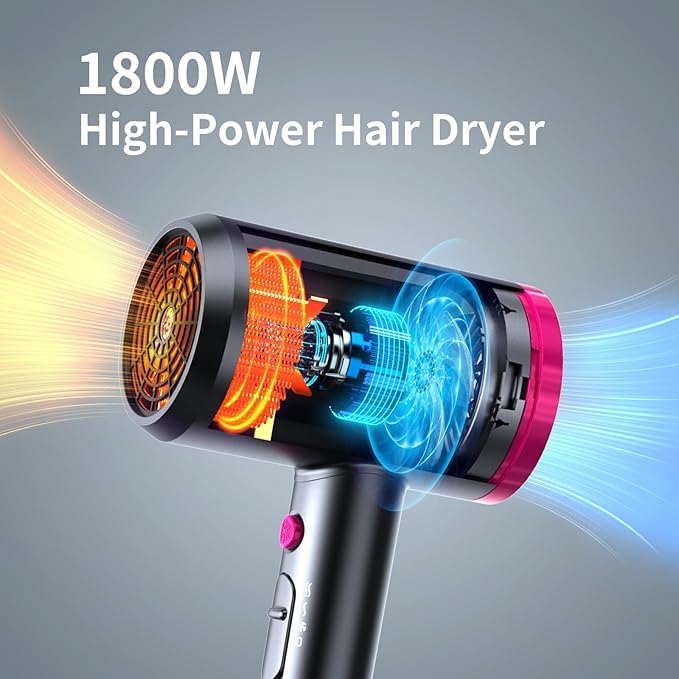 Ionic Hair Dryer with Diffuser, Powerful 1800W Blow Dryer for Women & Men, Fast-Drying Hair Dryer with Nozzle for Home, Salon, Travel