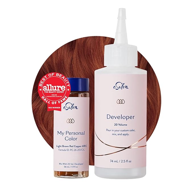 eSalon Permanent Hair Color & Hair Dye Complete Kit - Personal Colorist Kit for Up To 100% Gray Coverage for All Hair Types - Professional-Grade Ammonia-Free Hair Dye (Light Brown Red Copper 6RC)