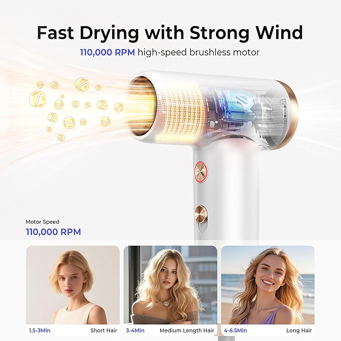 Mini Hair Dryer, 4-Temp High Speed Ionic Hair Dryer, 2-Speed Lightweight Portable Small Hair Dryers, 110,000 RPM Hair Blow Dryer Travel Blow Dryer with Self-Cleaning Styler & Advanced Protection