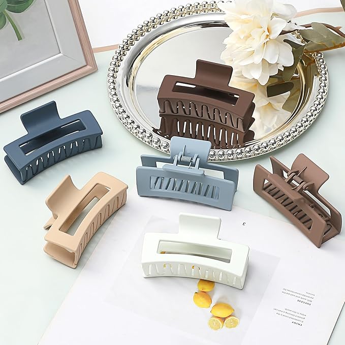 Hair Clip, 3.5 Inch Medium Hair Claw Clips 6 Pack for Women - Brown, Blue, Beige, White, Square, Rectangle, Banana, Jaw Styles