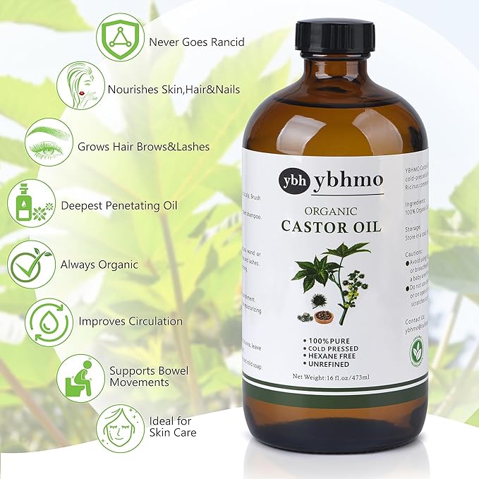 Cold Pressed Castor Oil Organic Glass Bottle(16 Fl Oz),100% Pure ，Hexane Free for Hair Growth & Care, Castor oil pack & Moisturize Body Skin
