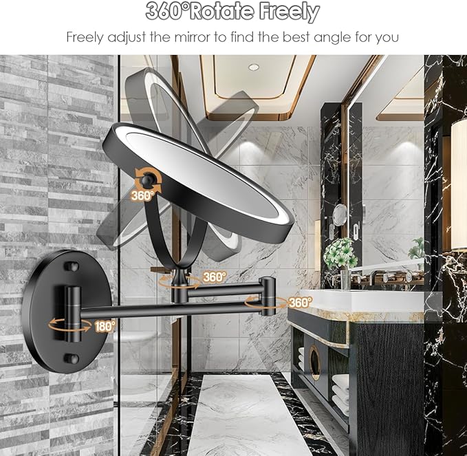 Rocollos 9" Wall Mounted Lighted Makeup Mirror, Large Double Sided 1X/10X Magnifying Mirror, 3 Color LED Vanity Mirror, Touch Dimmable 360° Swivel Light Up for Bathroom