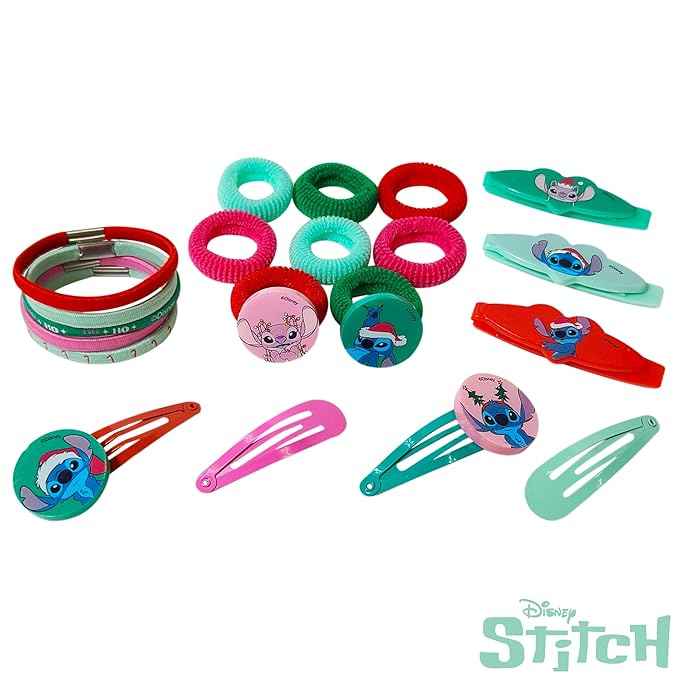 Luv Her Disney Lilo & Stitch Girls' Hair Accessories Set - 20 Pack Christmas Stitch - Includes 3 Barrettes, 4 Snap Clips, 5 Elastics, 8 Terry Ponies - Everyday Wear, Special Occasions, Ages 3+