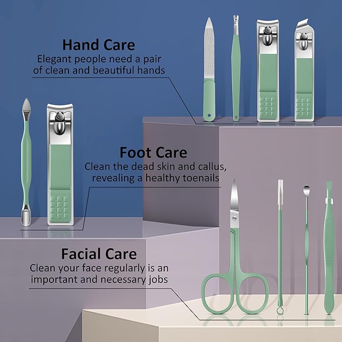 BLESWIN 10-Piece Nail Clipper Manicure Set, Professional Small Nail Care Kit , Nail Clipper Set for Women Men, Ladies Compact Manicure Tools in Case Green Leather Nail Care Gift Set.