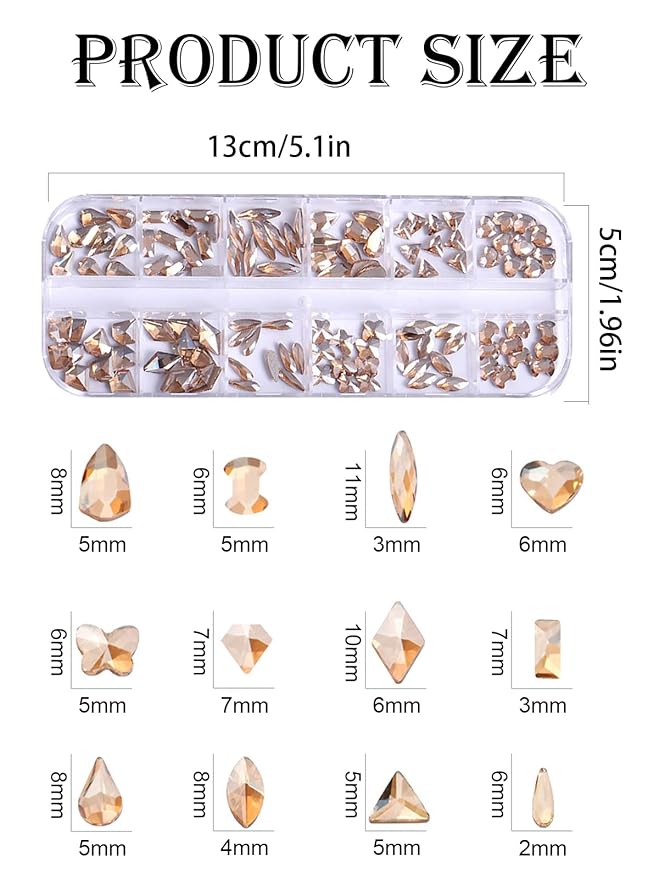 1620Pcs Crystal Nail Rhinestones Nail Art, Wsimily Champagne Gold Nail Rhinestones Round Beads Flatback Glass Gems Stones Multi Shapes Nail Crystals with Picker Pencil and Tweezer Nail Decoration