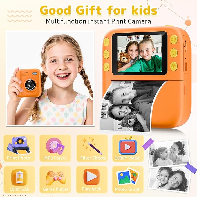 Instant Print Camera for Kids, Christmas Birthday Gifts for Girls Boys, 1080P Instant Digital Print Cameras for Toddler,Portable Toy for 4 5 6 7 8 9 10 Year Old Girl with 32GB SD Card，Orange