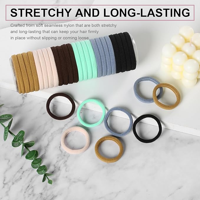 LuSeren 120 Pcs No Damage Hair Ties for Thick Hair, Large Soft Seamless Nylon Hair Elastics for Women, Ponytail Holders, Hair Accessories – Neutral Colors