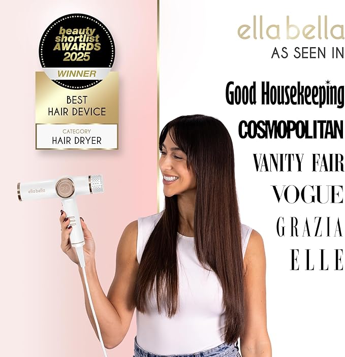 ELLA BELLA® Professional Ionic Hair Dryer with Diffuser • Negative Ion Blow Dryer • Suitable All Hair Types • Intelligent Heat Control & Rapid Drying Speeds • Lightweight Design • Low Noise Technology