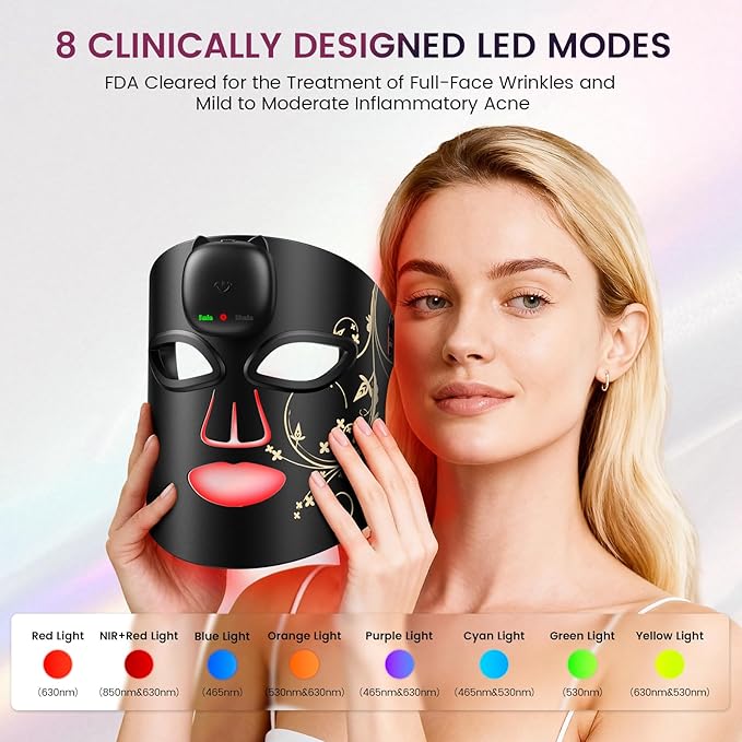 Red Light Therapy for Face – 8 Light Modes with 850nm Near-Infrared, 280 LED Face Mask Light Therapy for Skin Appearance, Fine Lines, Firming Support, FDA Cleared, Cordless Design