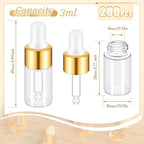 200 Pcs Mini Glass Oil Dropper Bottle Bulk, Clear Essential Small Empty Bottles Sample Containers Perfume Liquid Vials with Cap for Traveling (3 ml,Gold)