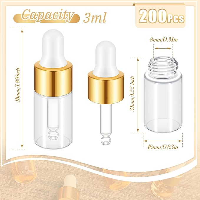 200 Pcs Mini Glass Oil Dropper Bottle Bulk, Clear Essential Small Empty Bottles Sample Containers Perfume Liquid Vials with Cap for Traveling (3 ml,Gold)