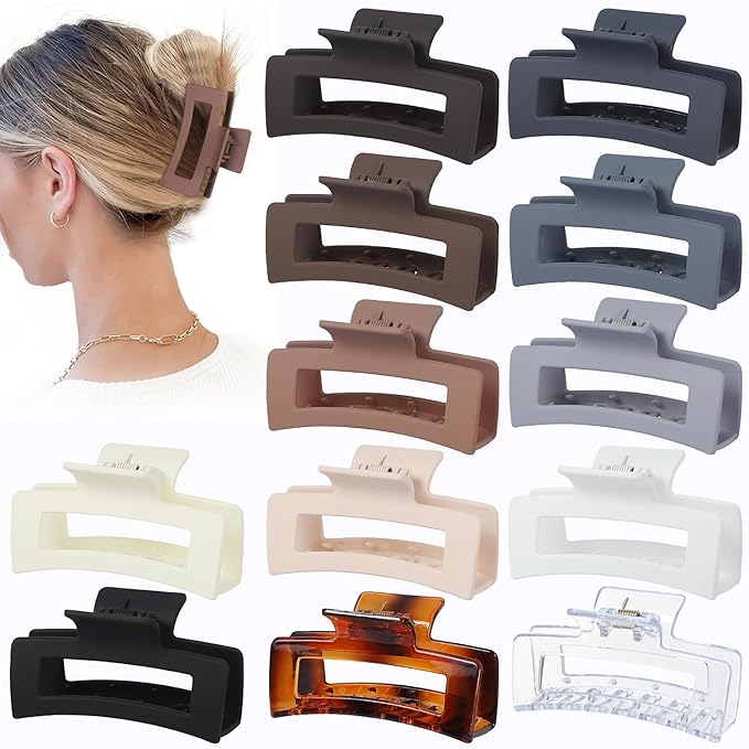 3.5 Inch Hair Clips - 12 Pcs Square Jaw Clips for Thick and Thin Hair, Rectangular Hair Accessories for Women and Girls - Neutral