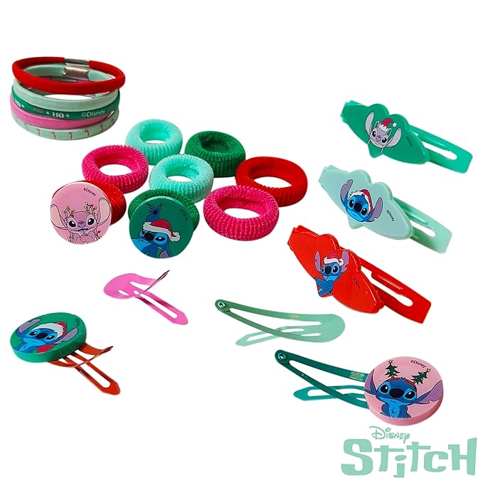 Luv Her Disney Lilo & Stitch Girls' Hair Accessories Set - 20 Pack Christmas Stitch - Includes 3 Barrettes, 4 Snap Clips, 5 Elastics, 8 Terry Ponies - Everyday Wear, Special Occasions, Ages 3+