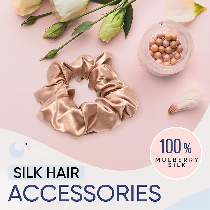 Blissy Silk Scrunchies (3 Pack) - 100% Pure Mulberry Silk - 22 Momme 6A High-Grade Fibers Scrunchie for Straight & Curly Hair - Preventing Breakage, Tangling, & Creasing (Rose Skinny)