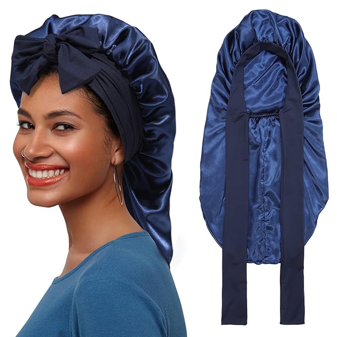 AWAYTR Long Satin Bonnet for Braids - Elastic Silk Hair Bonnets for Sleeping Night Cap Stretchy Tie Band for Women（Navy Blue）